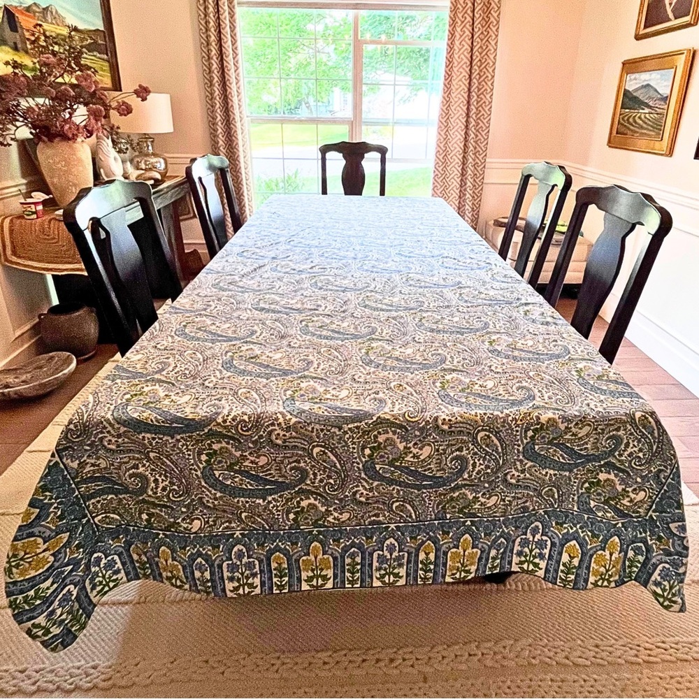 Huge 116x56 Extra Long Blue Yellow White Paisley Floral Cotton Tablecloth - XL